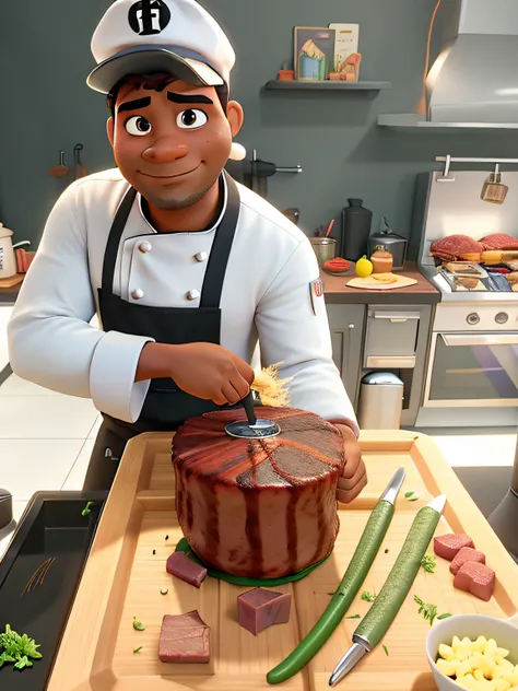 homem negro chef de cozinha cortando carne disney pixar, alta qualidade