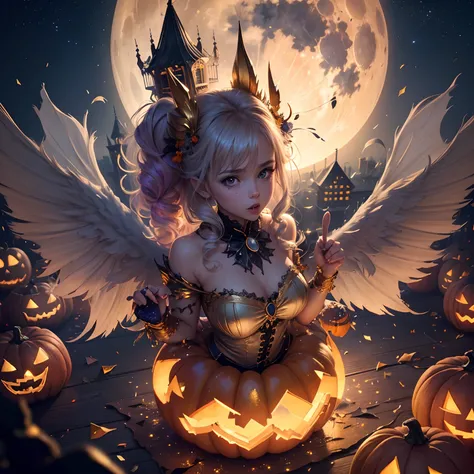 finest image, (8k, RAW photo, realistic), detailed and delicate depiction and flashy and dynamic painting method, Its time for the Halloween party to begin, Everyone gather around, Trick or Treat!, background View of the city from above, big full moon, sca...