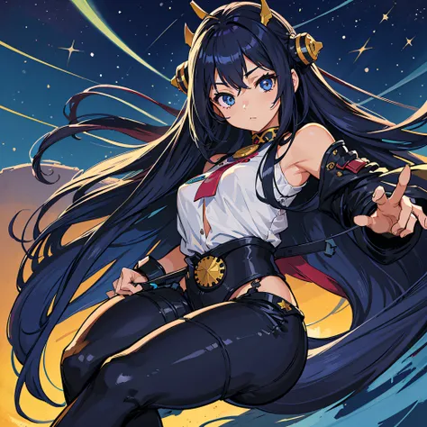 1girl, indigo Long hair, estilo de anime, Sparkling Eyes, cabello ondulado, ruboroso, senos moderados, mecha suit, The best quality, Ultra detallado, (Manos perfectas, ojos bien definidos, Perfect anatomy), Cara detallada, retrato, pincel, posando a lo lar...