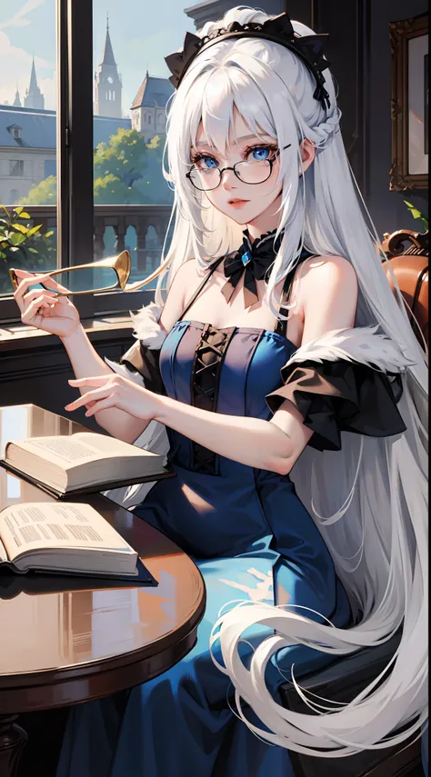 small girl, Long white hair, blue eyes, Black, stylish glasses, blue dress, fluffy dress, short sleeves, open shoulders, book, sitting at a table, tea, Masterpiece, hiquality, 4k, HD, Good detail