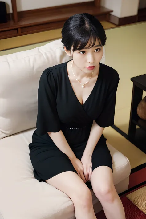 ((1人の女性,The most beautiful faces in Japan,40 year old)),((((Plain black dress,Plain black mourning dress and black simple skirt,Black mourning clothes,Black Dress,All-black one-piece dress)))),((pearls necklace,Classy hairstyle,natural make up,large full b...