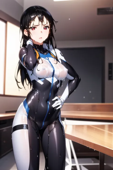 (masterpiece, best quality:1.2), solo, 1girl ,mitsuki_nase, black hair, long hair, red eyes, brown eyes, (shiny skin, wet skin:1.2), sweating, looking at viewer,standing , hand on hip,angry, pov,bodysuit, headgear, plugsuit, white bodysuit, afternoon, clas...