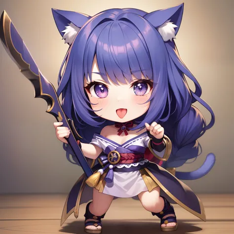 Chibi Cat、white backgrounid、Less exposure、kawaii、bright blue hair、Bright background、put out the tongue、Wink、Hoplite Costume、With weapons、Hoplite Pose