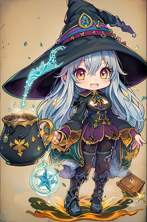 masutepiece, Best Quality, Wizard Tea Party, Chibi, Handsome Female Witch, beautiful witch, highly detailed realistic eyes, Happy, Vibrant, Colorful,