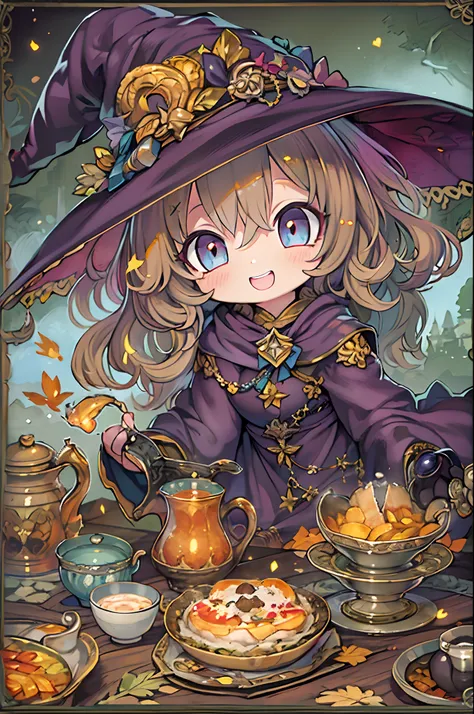 masutepiece, Best Quality, Wizard Tea Party, Chibi, Handsome Female Witch, beautiful witch, highly detailed realistic eyes, Happy, Vibrant, Colorful,