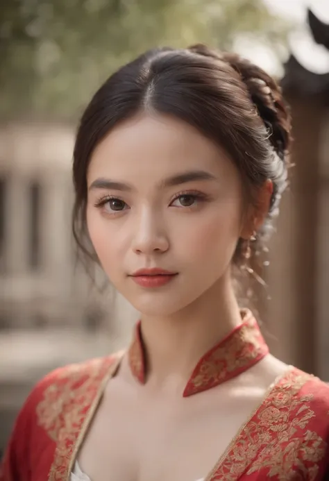 1fille,corps entier,extremely detailed face, beautiful detailed  eyes,light on the face,lighting cinematic,Regarder le spectateur,dehors,cheveux noirs,(Architecture latino africaine:0.05),Hanfu,