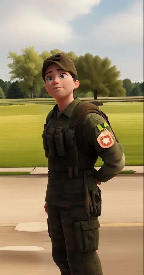 an army soldier, Standing in position next to a Green area. estilo Disney Pixar