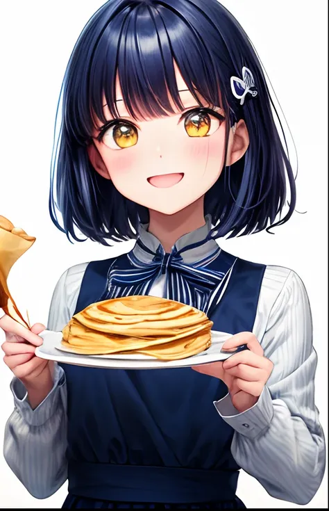 girl with、No background、without background、Background through、Dark blue hair、Dark blue hair、short-cut、Subject bangs、Aligned bangs、Sareme、Eyes are yellow、Yellow eyes、Eyes sparkle、Sparkling eyes、Blue striped dress、Onepiece、long-sleeve、bow ribbon、crepe、Eating...