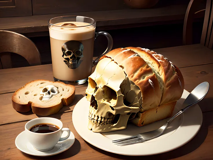 Bread in the shape of a skull + Cup full of coffee and table with spider web, estilo foto realista