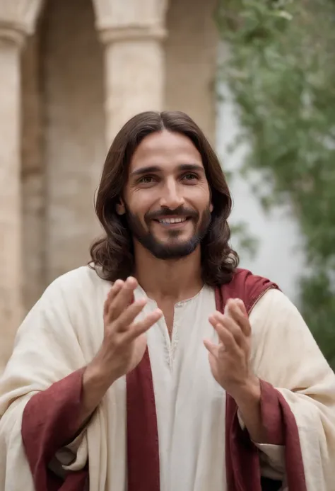 Jesus Cristo, com pele cor comum entre os palestinos, With the wounds in his hands, Smiling and looking deeply into the camera.