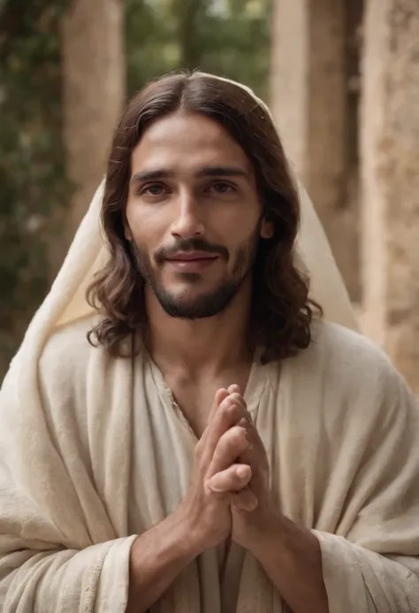 Jesus Cristo, com pele cor comum entre os palestinos, With the wounds in his hands, Smiling and looking deeply into the camera.