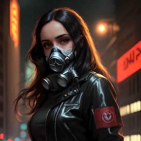 Photo realistic black noir a portrait of a mature brunette woman long hair in close using a full Soviet gas mask black latex texture in background a devasted futuristic city at night like cyberpunk style