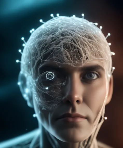 Mj, Close-up cinematic shot of an ethereal neural network organism, homem divino, anatomical face, biomechanical details, olhos azuis e cabelos encaracolados emaranhados