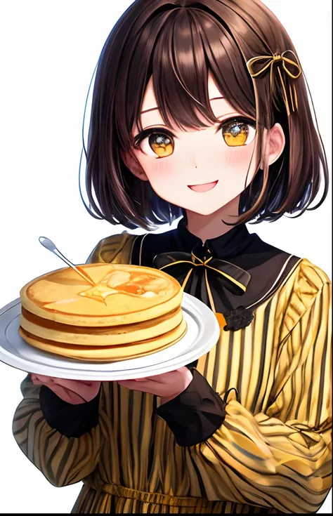 girl with、No background、without background、Background through、Brown-haired hair、brown haired、short-cut、Subject bangs、Aligned bangs、Sareme、Eyes are yellow、Yellow eyes、Eyes sparkle、Sparkling eyes、Brown striped dress、Brown dress、long-sleeve、bow ribbon、crepe、p...