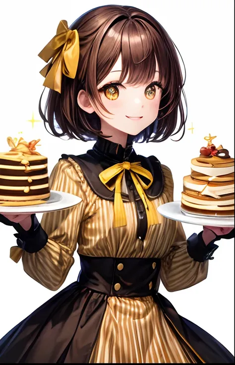 girl with、No background、without background、Background through、Brown-haired hair、brown haired、short-cut、Subject bangs、Aligned bangs、Sareme、Eyes are yellow、Yellow eyes、Eyes sparkle、Sparkling eyes、Brown striped dress、Brown dress、long-sleeve、bow ribbon、crepe、p...