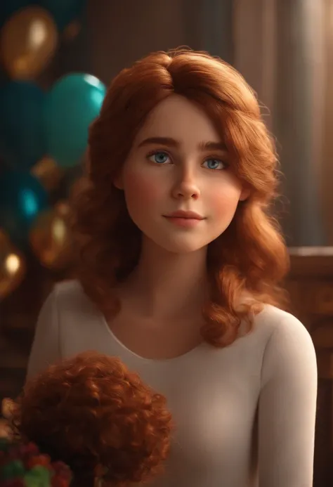 Um jovem branco de cabelo curto crespo olhos marron, Dream photographer inspired by Pixar animation, de perto. The character takes center stage with captivating facial expressions, oferecendo um toque de irrealidade