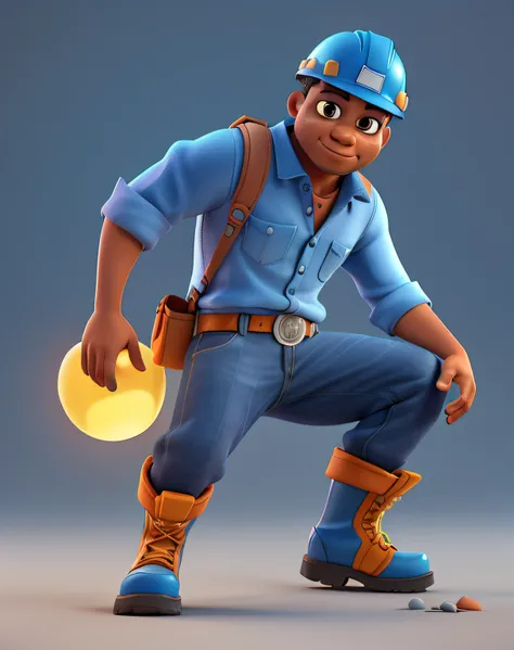 Cartoon character of a black man architect with construction helmet without glasses and a blue shirt and safety boots, animation character, Caractere estilizado, animation style rendering, 3D estilizado, Arnold Maya render, 3 d render stylized, toon render...