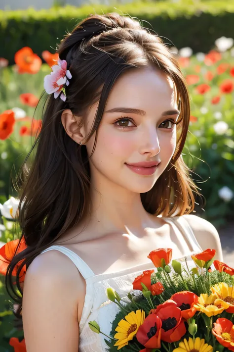 (pixer style: 1.25) portrait of girl, Natalie portman, Smiles, Flower basket overgrown with poppy flowers and waist length, Natural Skin Texture, 4K textures, nffsw, with an intricate, Highly detailed, Sharp Focus, Cinematic Look, ultra-detailliert