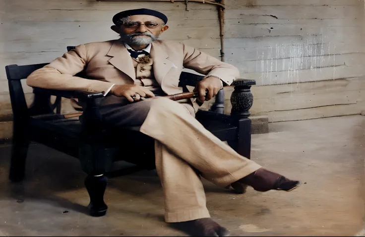 Man sitting on a chair with a cane and a cane, colorized photograph, hand dyeing, Una foto coloreada, Foto coloreada, old color photograph, Foto coloreada, foto coloreada, coloreado, Foto antigua en color, inspired by Carlos Francisco Chang Marín, foto en ...