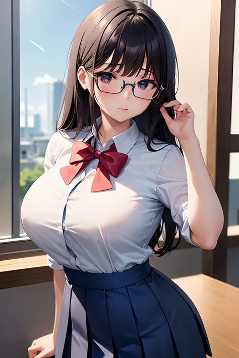 (4k) There is a student with big breasts with sexy glasses in a short skirt and blouse posing, Anime Garota Cosplay, Cosplay de Ayaka, aluna hiperrealista, uma aluna hiperrealista, Cosplay, vestida como aluna, Cosplay glamouroso elegante, pano branco e ros...