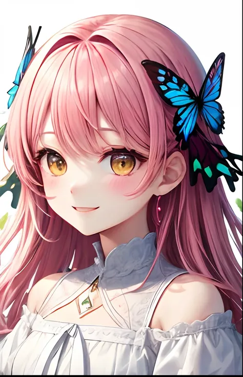 girl with、No background、without background、Background through、A pink-haired、Pink hair、short-cut、Subject bangs、Aligned bangs、Sareme、Eyes are yellow、Yellow eyes、Eyes sparkle、robe blanche、White Dress、Shoulder out、shortsleeves、bow ribbon、butterflys々Feathers of...