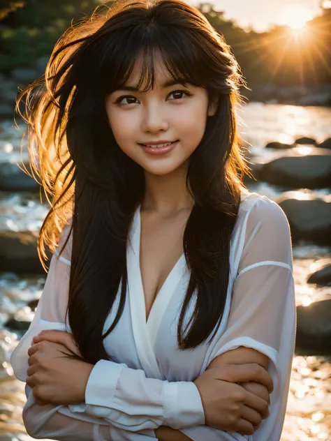 pictorialist style, photo of a Cheerful girl, arms crossed, close up on face, the sun is setting over a rocky river, anamorphic lens flare, high dynamic range, overcast lighting, dutch angle, Kodak Vision3 IMAX, soft focus, Detailed,Best Quality,Luxurious