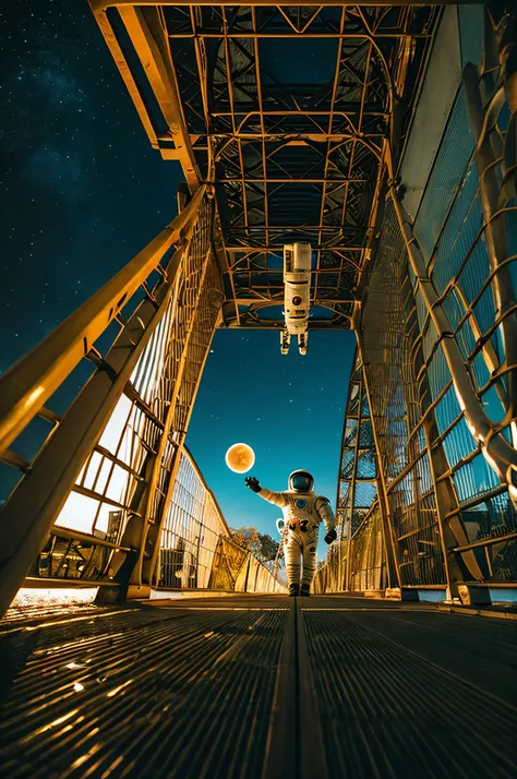 (Astronaut crossing the bridge)，There is a planet in the background, lonely astronaut, Detailed astronaut, space astronaut, fully space suited, an astronaut in space, an astronaut in space, Lunar astronaut, The following astronauts, Astronauts stranded on ...