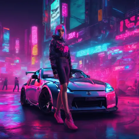 a woman standing in front of a nissan 350z, cyberpunk color grading