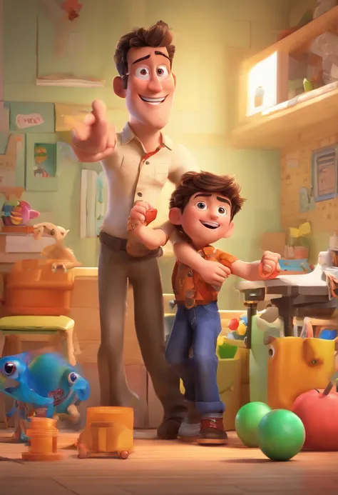 Estilo Pixar: The grown man is holding a naked blue-eyed boy and in his other hand he is holding a pair of scissors and is trying to cut off the boys testicles,3D Poster,Disney