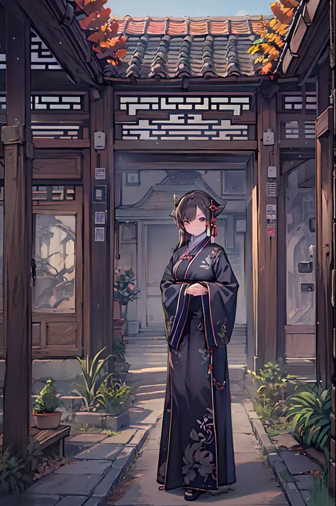 girl with, Wearing purple and black robes, Set in a Chinese-style building