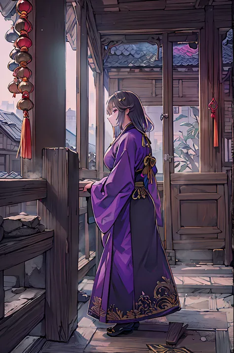 girl with, Wearing purple and black robes, Set in a Chinese-style building