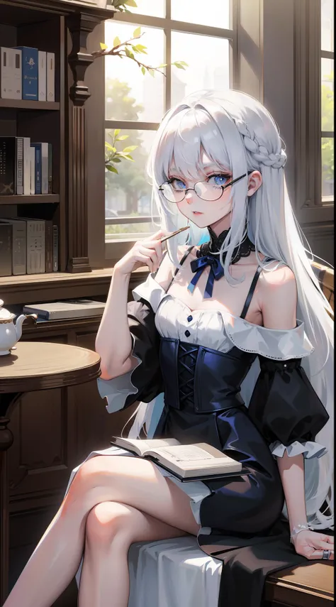 small girl, Long white hair, blue eyes, black, Stylish glasses, blue dress, fluffy dress, short sleeves, open shoulders, book, sitting at a table, tea, Masterpiece, hiquality, 4k, HD, Good detail