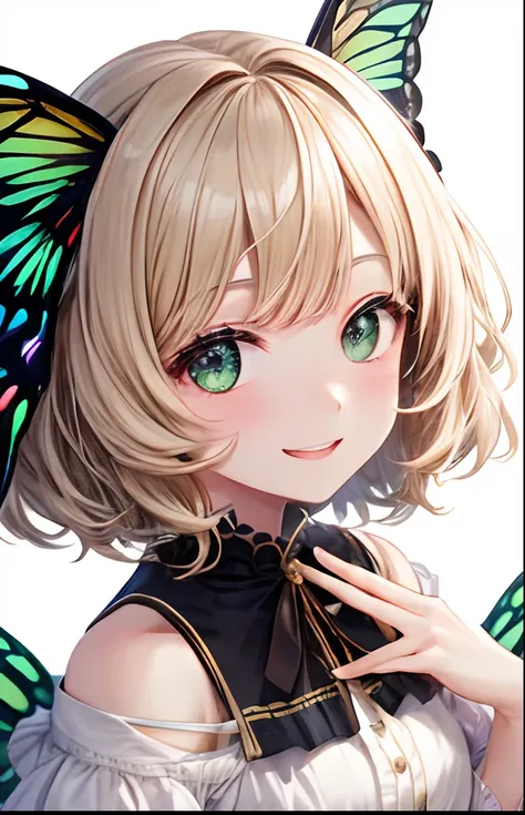 girl with、No background、without background、Background through、Golden white hair、Ocher-colored hair、short-cut、Subject bangs、Aligned bangs、Eyes are green、Green eye、、robe blanche、White Dress、Shoulder out、shortsleeves、bow ribbon、butterflys々Feathers of、Butterfl...