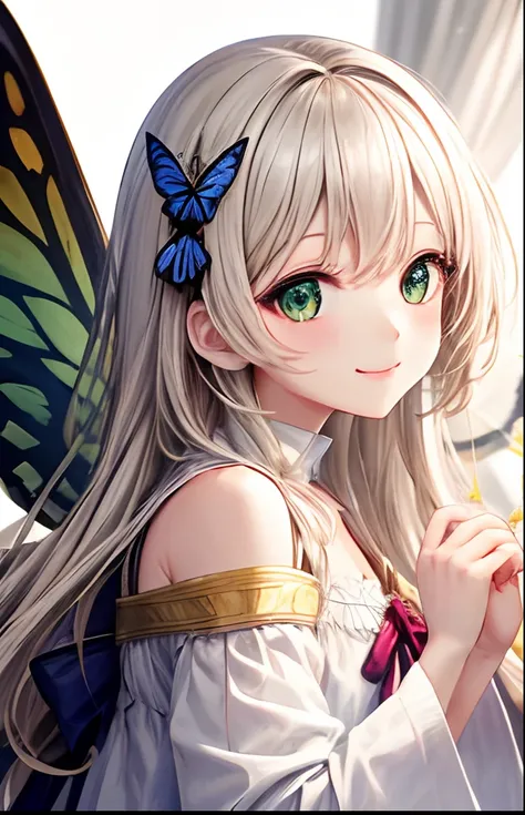 girl with、No background、without background、Background through、Golden white hair、Ocher-colored hair、short-cut、Subject bangs、Aligned bangs、Eyes are green、Green eye、、robe blanche、White Dress、Shoulder out、shortsleeves、bow ribbon、butterflys々Feathers of、Butterfl...