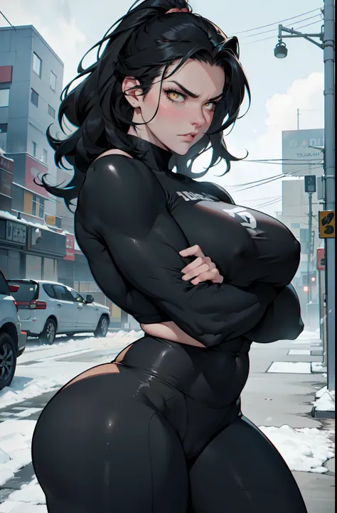 Close up pale skin solo 1 girl black hair yellow eyes angry (cabelos muito longos suados) atmosfera escura (peitos enormes fisiculturista corpo tonificado musculoso) Black Shirt Tight Tights Curvy Thick Thighs Wide Hips Snow Veins Cloudy Steam Concrete Che...