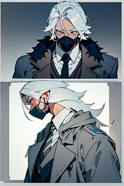 [ character design ],1boy, grey button up trench coat,grey mask with two eye holes, black skin tone, white wolf fur cloth around...