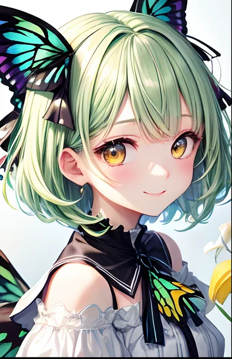 girl with、No background、without background、Background through、light green hair、Light green hair、short-cut、Subject bangs、Aligned bangs、Eyes are yellow、Yellow eyes、robe blanche、White Dress、Shoulder out、shortsleeves、bow ribbon、butterflys々Feathers of、Butterfly...