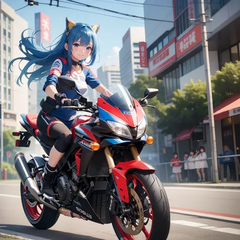 top-quality、8K、hight resolution、​masterpiece、(portlate:0.6)、Suzuki bikes ride at high speed around the city、(slow motion:1.3)、(Motion Blur:1.3)、(SPEEDLINE:1.4)、Sense of speed、1girl in、Sparks and smoke coming out of tires、Blue-haired、Middle hair、(A smile:1....