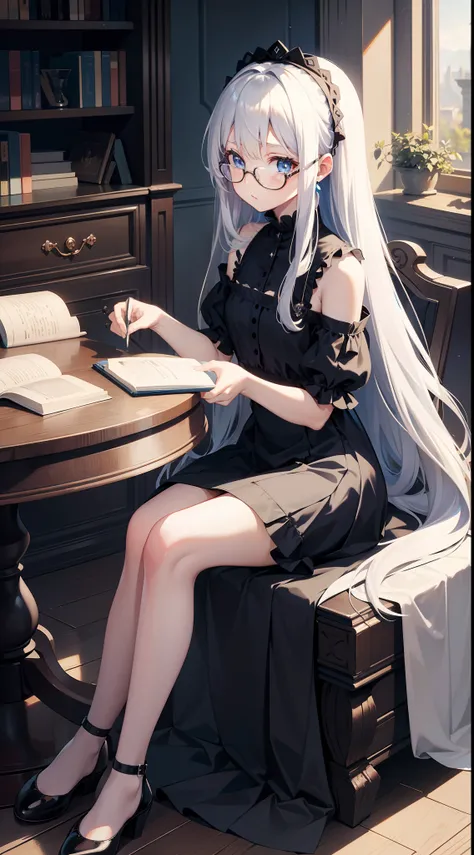 small girl, Long white hair, blue eyes, black, Stylish glasses, blue dress, fluffy dress, short sleeves, open shoulders, book, sitting at a table, tea, Masterpiece, hiquality, 4k, HD, Good detail