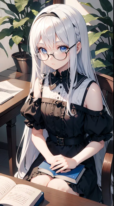 small girl, Long white hair, blue eyes, black, Stylish glasses, blue dress, fluffy dress, short sleeves, open shoulders, book, sitting at a table, tea, Masterpiece, hiquality, 4k, HD, Good detail