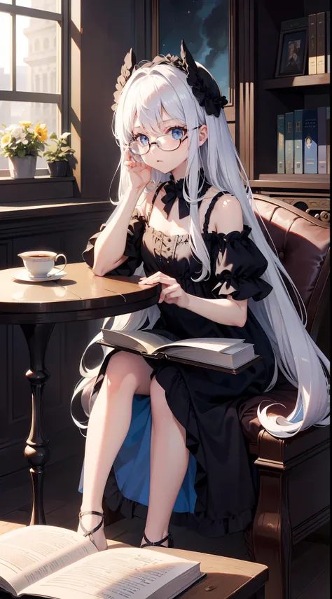 small girl, Long white hair, blue eyes, black, Stylish glasses, blue dress, fluffy dress, short sleeves, open shoulders, book, sitting at a table, tea, Masterpiece, hiquality, 4k, HD, Good detail