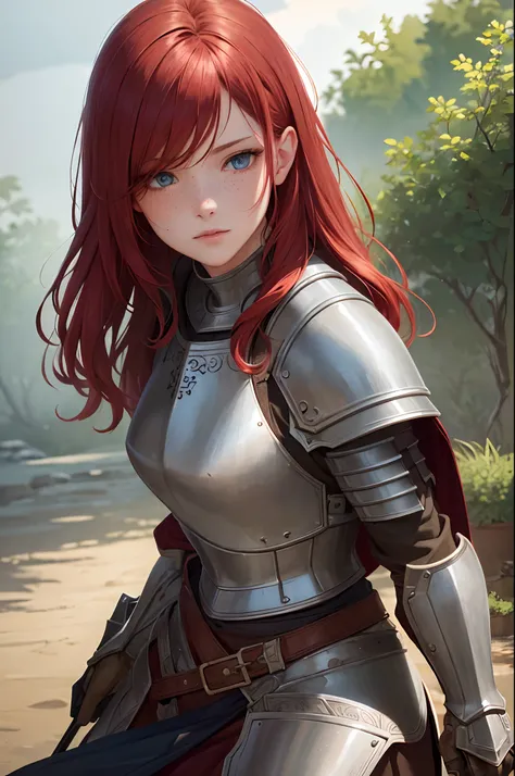 masterpiece, (realistic), highres, highly detailed, intricate, beautiful woman, red hair, blue eyes, freckles, detailed face, knight, armor