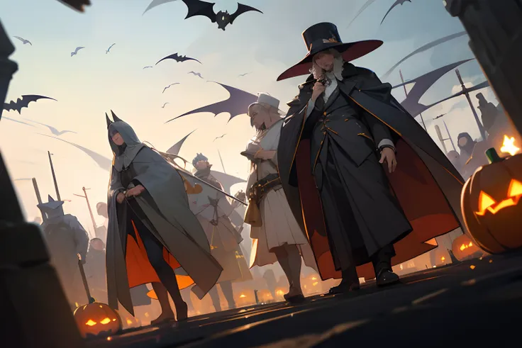 masterpiece, illustration, photorealistic, 
best quality, ultra-detailed, an extremely delicate, 
halloween, monster procession, flying bats, 
depth of field, professional lighting, 
saints watching,