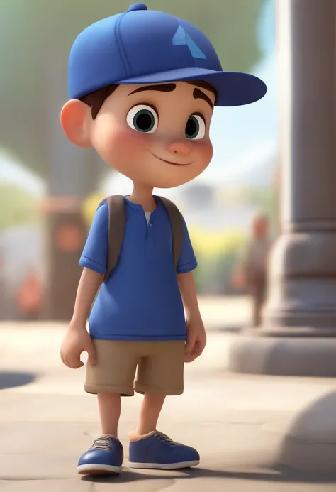 A happy cute boy standing short hair with dark blue cap , vestindo uma camisa azul , , fundo branco, barnet, Tom, Estilo Pixar, ......3d, desenhos animados, rosto detalhado, asymmetrical 16k