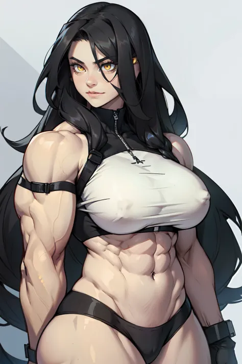 huge breasts pale skin very long hair black hair yellow eyes ((((((1 girl)))))) (((((muscular)))))