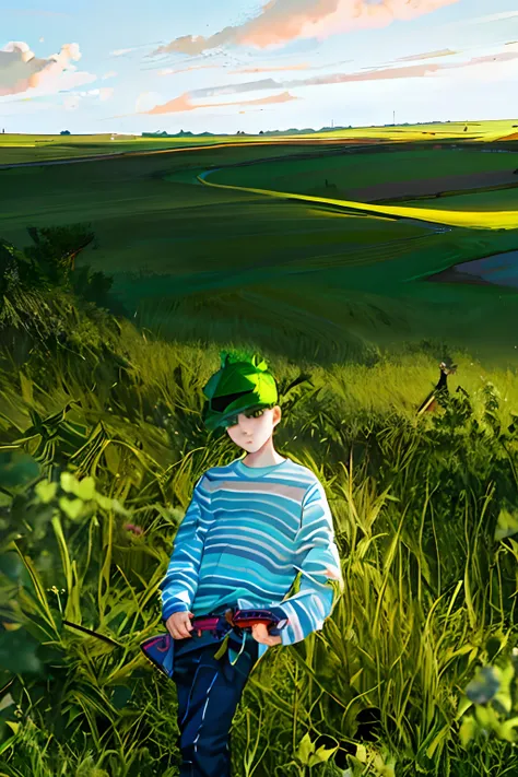 there is a man standing in the grass with a skateboard, amidst nature, full body photogenic shot, on an alien grassland, profile shot, edited in photoshop, teenage boy, in style of ren hang, on a green hill, overload, with sunglass, very very low quality p...