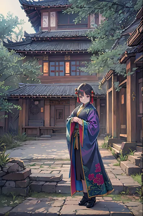 girl with, Wearing purple and black robes, Set in a Chinese-style building