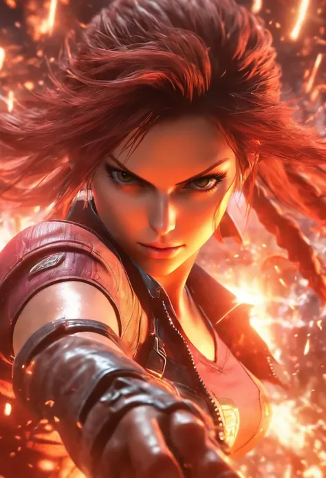 Claire Redfield, wallpaper hd, in the style of vivid energy explosions, 8k, realistic and hyper-detailed renderings, precisionist art, photorealistic scenes, epic, glassy translucence, anime art, detailed and intricate environment, unreal engine