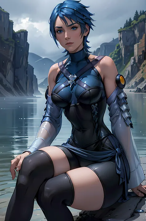 aaaqua, short hair, blue hair, blue eyes, medium breasts, turtleneck, harness, blue shirt, detached sleeves, corset, black shorts, waist cape, black thighhighs, fingerless gloves, looking at the viewer, clear sky, raining, close up, transparent water lands...