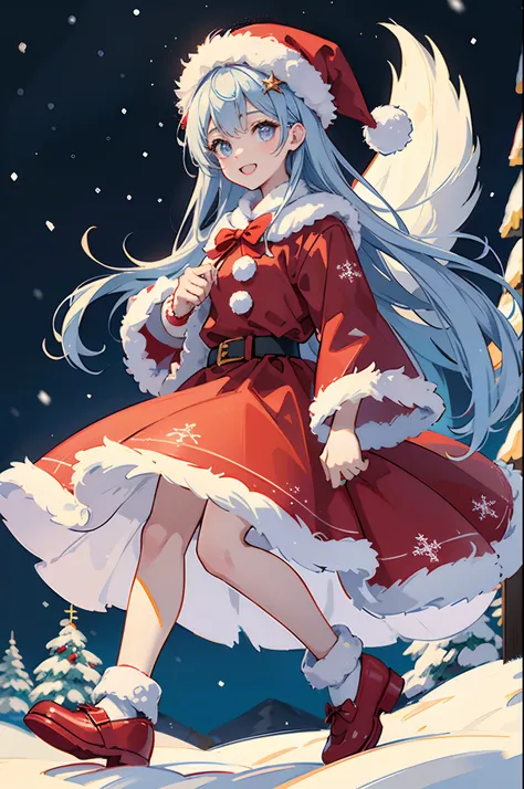 Santa Claus happily carrying presents、Santa is a pretty girl、Stars in the eyes（kirakira）、Eye Up、Laugh、Cute red shoes、foco nítido, Ultra Detail, radiant light、bio luminescent、snowscape、Its snowing、Draw a large snowflake in the foreground、Stronger bokeh effe...